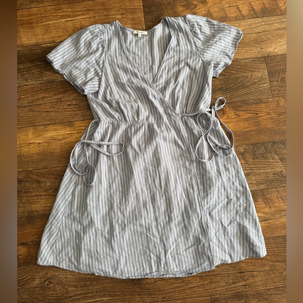Madewell Light Blue and White Striped Mini Wrap Dress